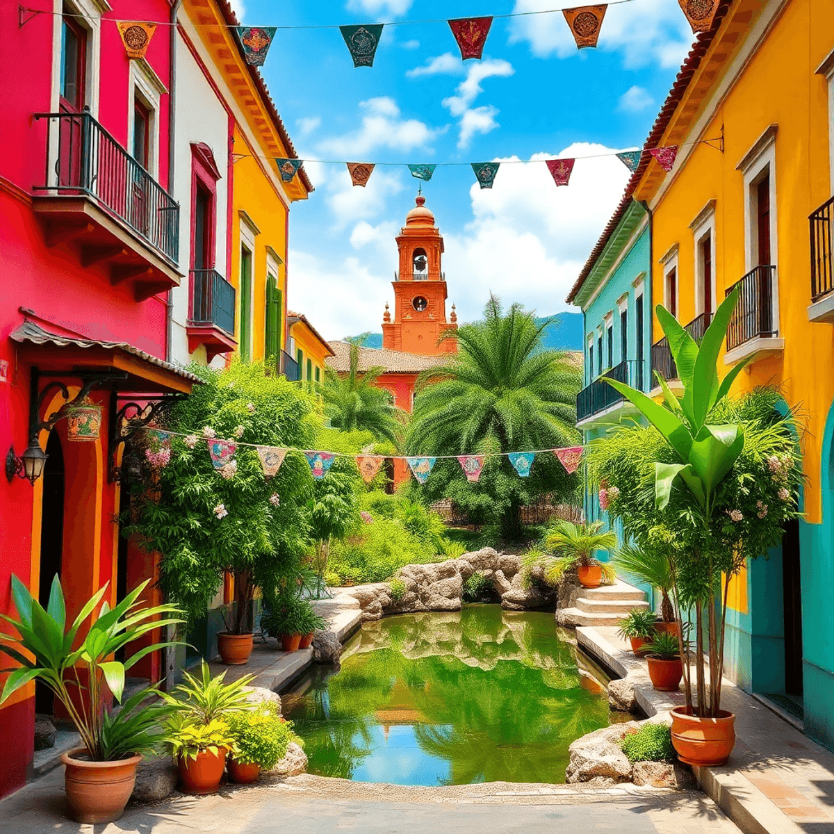 Edificios coloniales coloridos bordean las vibrantes calles de Valladolid, México, con un sereno cenote y vegetación exuberante, adornados con arte local y decoraciones festivas.