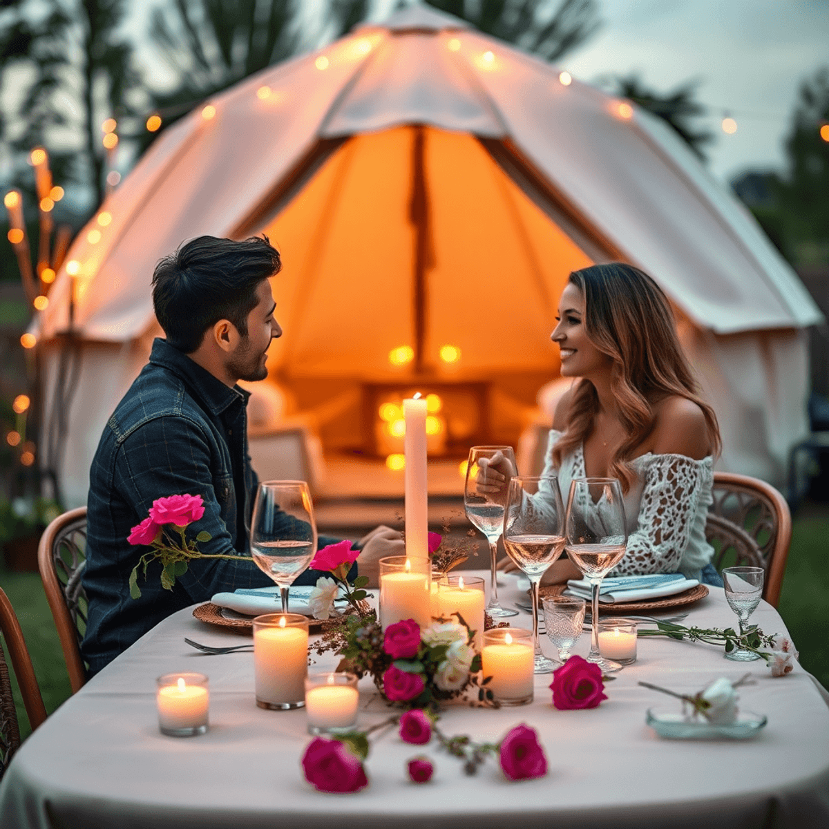 Una acogedora cena al aire libre para el Día de San Valentín, con una mesa bellamente decorada con velas y flores, y una tienda burbuja de glamping en el fondo.